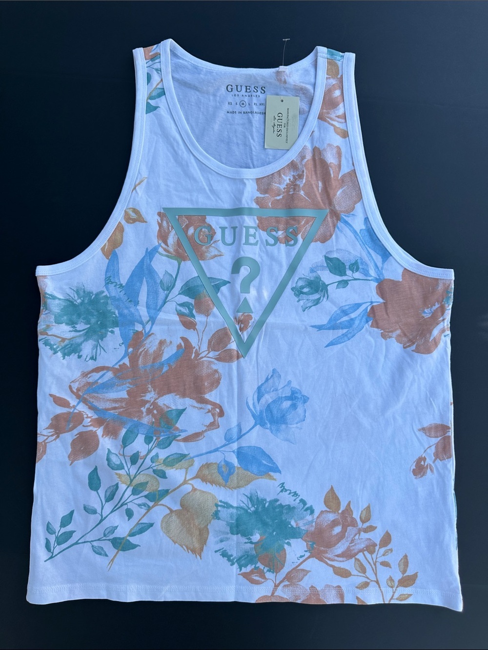 New GUESS White Floral Logo Tank with Blue & Brown Accents Sz M